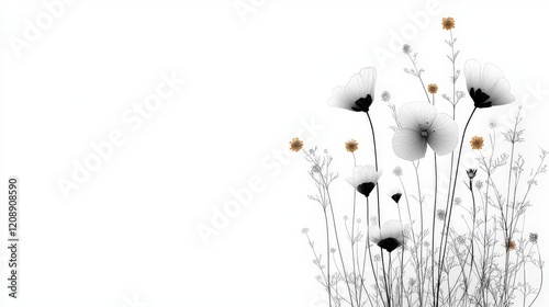 Elegant Black and White Floral Design with Delicate Flowers and Foliage on Soft White Background