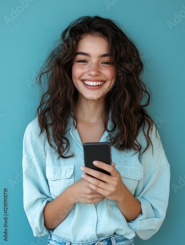 Young smiling happy cheerful woman she wear shirt casual clothes hold in hand use mobile cell phone chat online isolated on plain pastel light blue cyan background studio portrait. Lifestyle concept.
