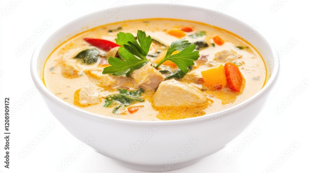 A bowl of creamy coconut curry soup with tender chicken and vegetables, Each spoonful rich and fragrant with spices, Set against an isolated white background to accentuate its exotic aroma A bowl of creamy coconut curry soup with tender chicken and vegetables, Each spoonful rich and fragrant with spices, Set against an isolated white background to accentuate its exotic aroma