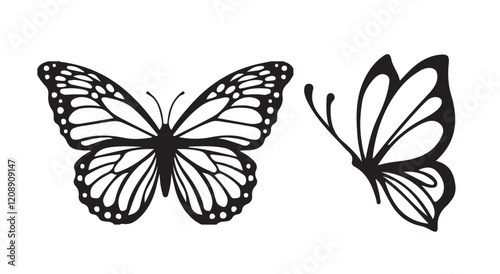Monarch butterfly silhouettes collection, vector illustration isolated on white background. Closeup design element black butterfly. 