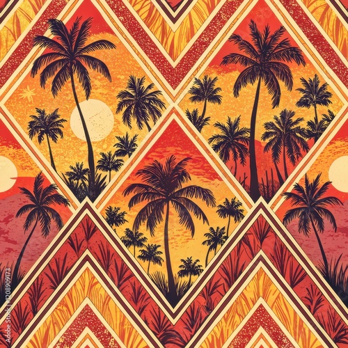 Tropical Sunset Palm Tree Seamless Pattern Vibrant Orange and Red Geometric Design