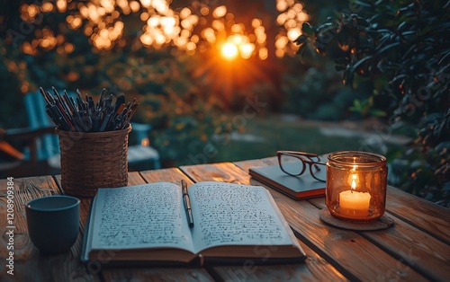 Sunset garden writing scene with open book, pencils, glasses, and candle.