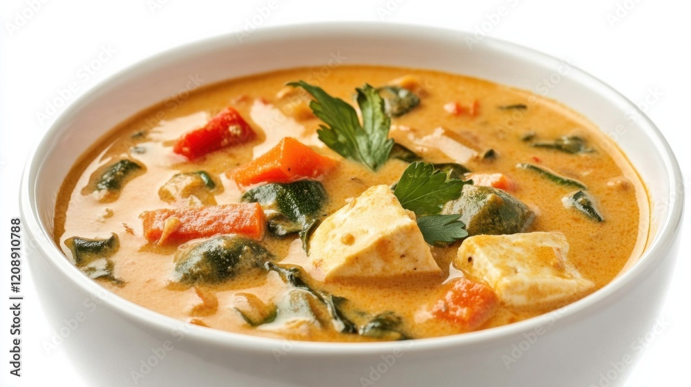 A bowl of creamy coconut curry soup with vegetables and tofu, Each spoonful filled with aromatic spices and velvety coconut milk A bowl of creamy coconut curry soup with vegetables and tofu, Each spoonful filled with aromatic spices and velvety coconut milk