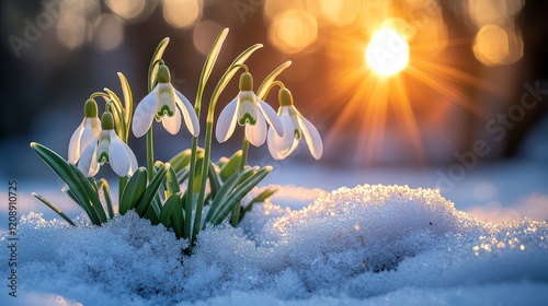 Snowdrops bloom in the snow, illuminated by a warm sunrise, symbolizing renewal and hope.
