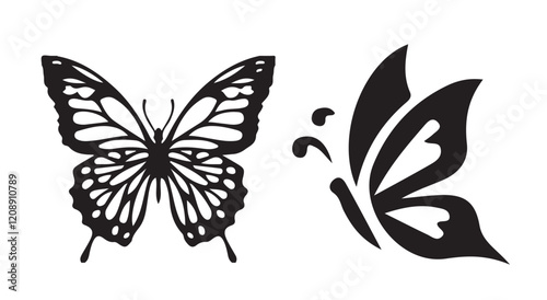 Monarch butterfly silhouettes collection, vector illustration isolated on white background. Closeup design element black butterfly. 