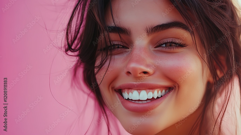 happy smiling woman face expression portrait in bright tone color, young woman smiling with pink background happy smiling woman face expression portrait in bright tone color, young woman smiling with pink background