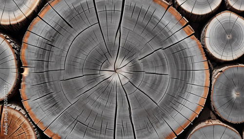 Obraz na płótnie rough texture rings gray white trunk stump black detailed tree organic warm cut grain end wood felled close core black-and-white sepia toned annual background closeup cross section w salonie