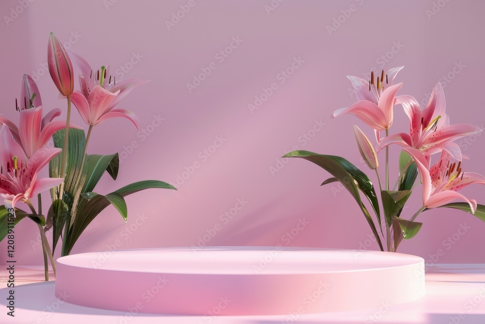 Elegant Pink Floral Display on Round Platform with Soft Background Elegant Pink Floral Display on Round Platform with Soft Background