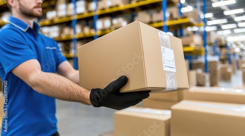 A worker in a blue shirt carries a cardboard box in a warehouse setting.