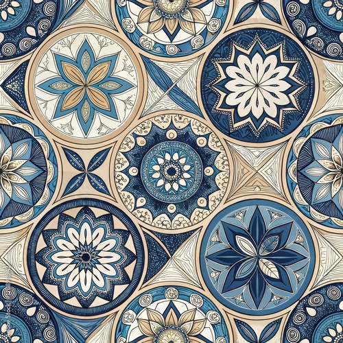 Seamless Blue and Beige Mandala Pattern Ornate Circular Floral Design Ethnic Textile Background
