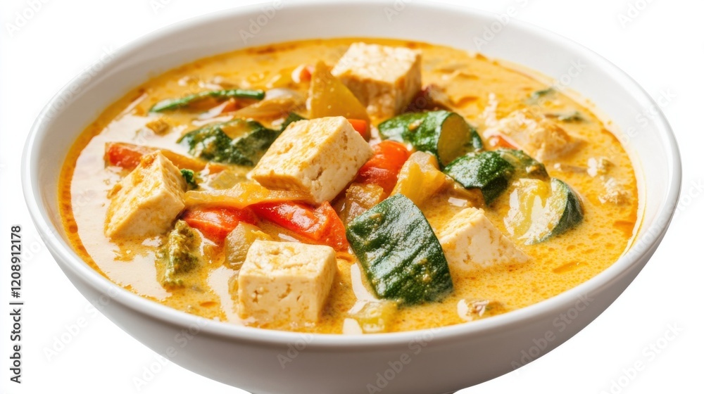 A bowl of creamy coconut curry soup with vegetables and tofu, Each spoonful filled with aromatic spices and velvety coconut milk A bowl of creamy coconut curry soup with vegetables and tofu, Each spoonful filled with aromatic spices and velvety coconut milk
