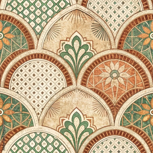 Elegant Vintage Tile Pattern Seamless Geometric Floral Design in Green Beige and Brown Tones