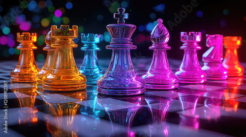 Colorful glass chess pieces on a reflective board, illuminated with vibrant bokeh lights.