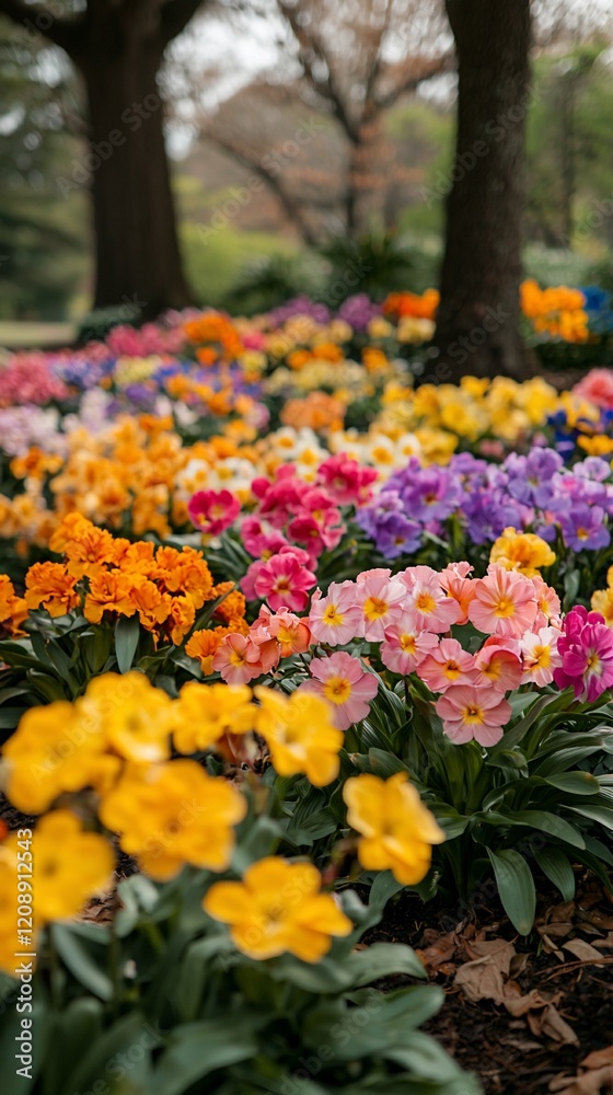 Vibrant multicolored primroses blooming in a garden.