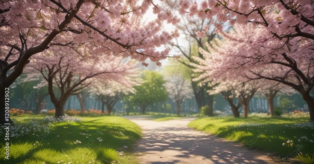 Obraz premium Soft focus image of a lush green garden filled with blooming cherry blossoms, serene garden scene, peaceful atmosphere