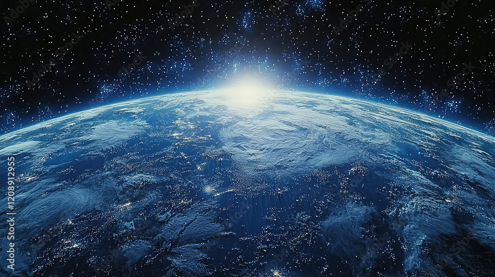 Stunning sunrise over Earth from space, showcasing continents, clouds, and city lights against a star-filled backdrop. Stunning sunrise over Earth from space, showcasing continents, clouds, and city lights against a star-filled backdrop.