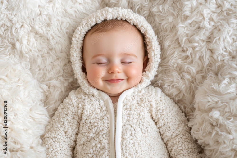 Infant baby smile. A smiling baby in a cozy hooded outfit on a fluffy blanket. Infant baby smile. A smiling baby in a cozy hooded outfit on a fluffy blanket.