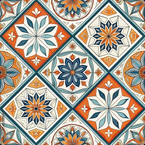 Seamless Pattern Orange Blue Floral Tile Design Vintage Retro Geometric Textile Background