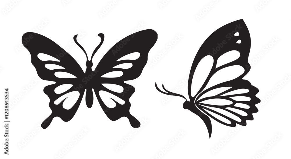 Monarch butterfly silhouettes collection, vector illustration isolated on white background. Closeup design element black butterfly. Monarch butterfly silhouettes collection, vector illustration isolated on white background. Closeup design element black butterfly.