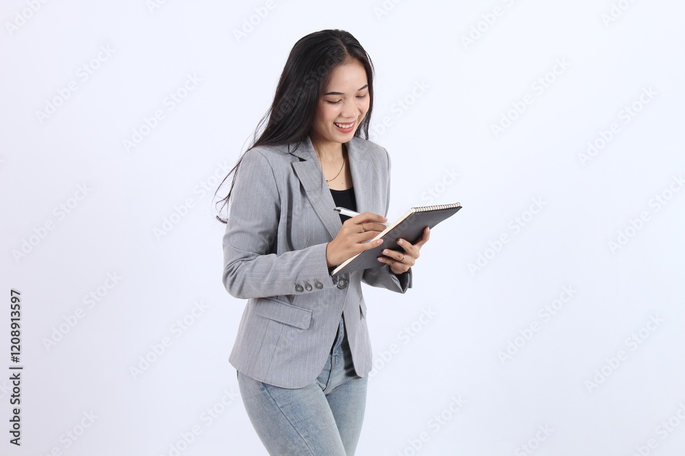 Beautiful woman in a gray blazer smiling and writing on book. business professional concept. Beautiful woman in a gray blazer smiling and writing on book. business professional concept.