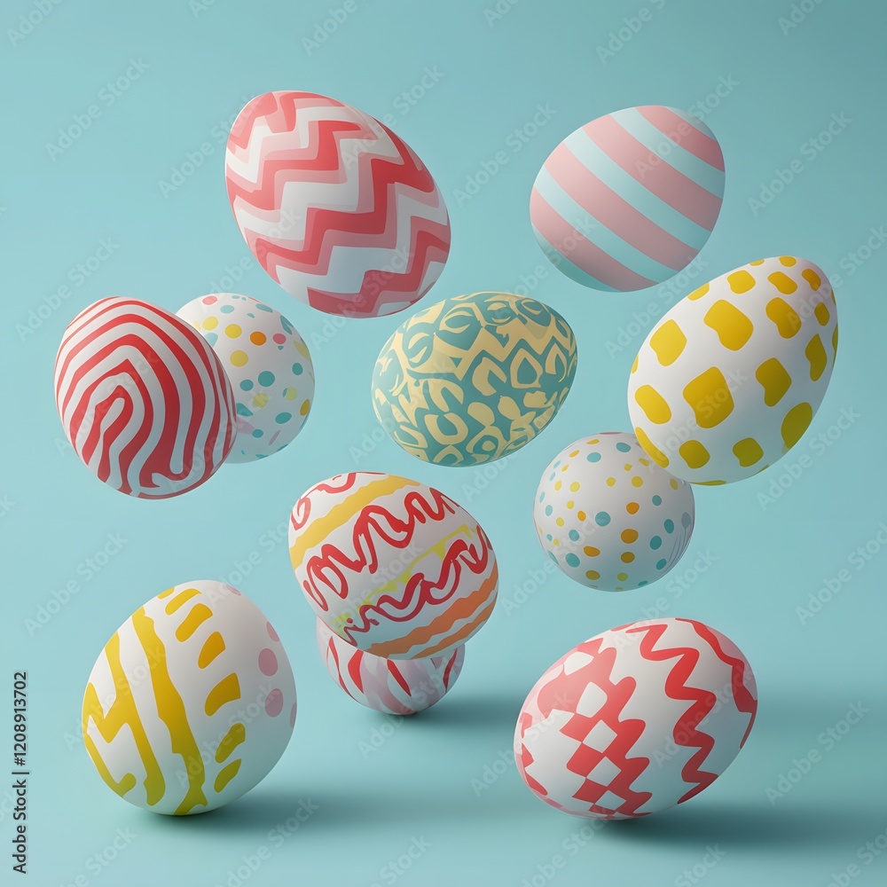 Colorful patterned Easter eggs levitate against a blue background Colorful patterned Easter eggs levitate against a blue background
