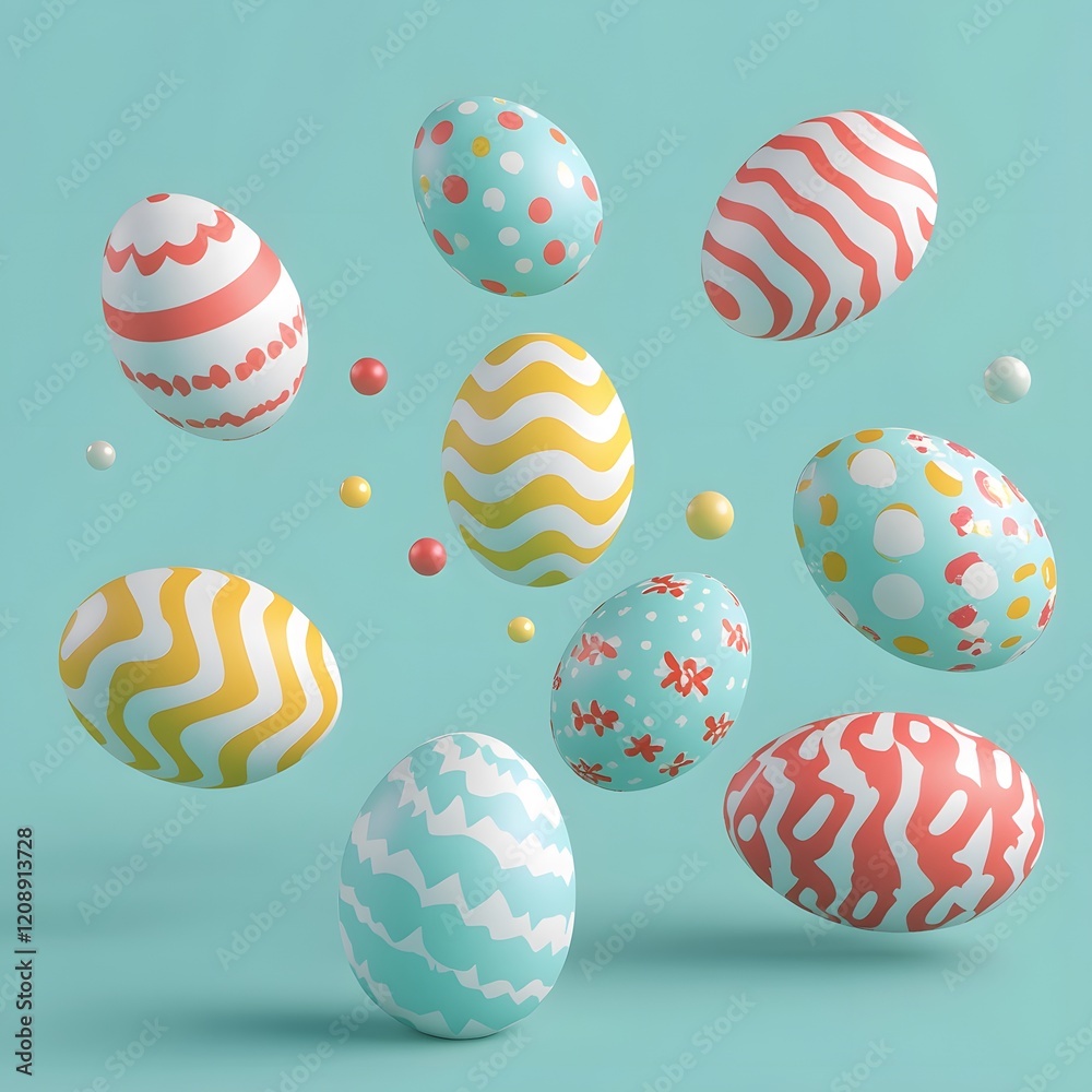Decorated Easter Eggs Float Against A Teal Background Decorated Easter Eggs Float Against A Teal Background