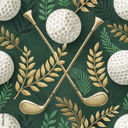 Elegant Golf Clubs Crossed with Golf Balls and Golden Foliage Design