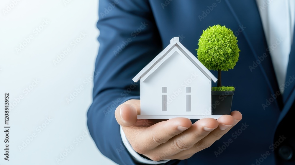 Man nurturing growth, miniature house and plant symbolizing care, sustainability, a green future Man nurturing growth, miniature house and plant symbolizing care, sustainability, a green future