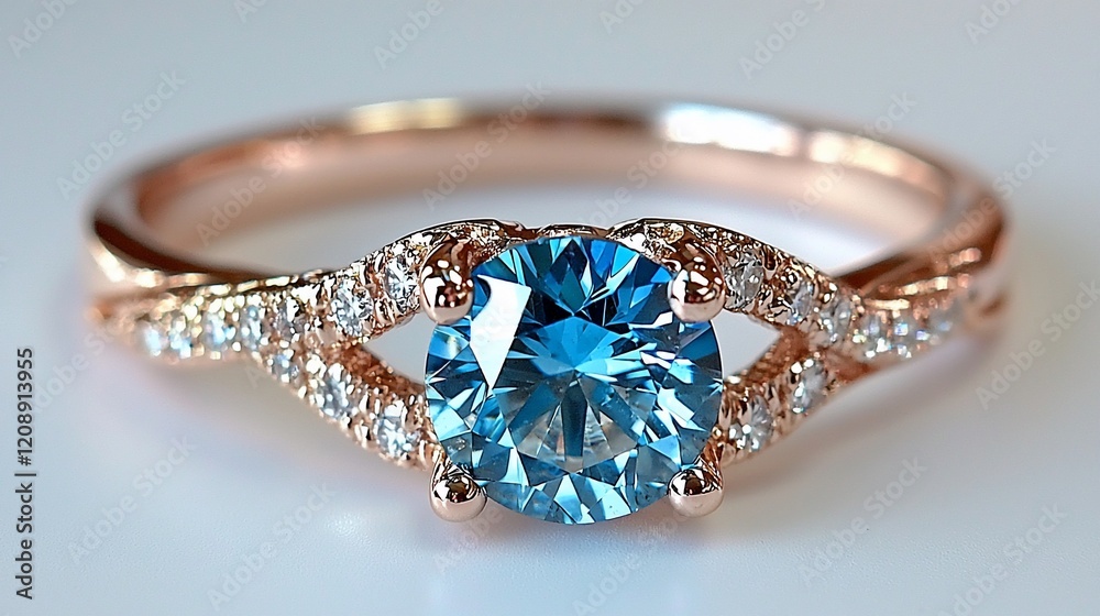 Rose gold ring with blue diamond and side diamonds. Rose gold ring with blue diamond and side diamonds.