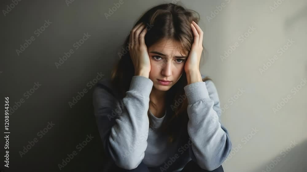 Young Woman Experiencing Emotional Distress, Showing Signs of Sadness and Worry Young Woman Experiencing Emotional Distress, Showing Signs of Sadness and Worry