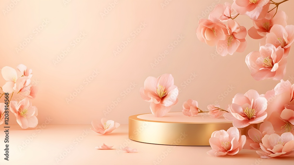 Soft golden podium with a clean, empty space for a Mother is Day product, against a gradient peach and cream background Soft golden podium with a clean, empty space for a Mother is Day product, against a gradient peach and cream background
