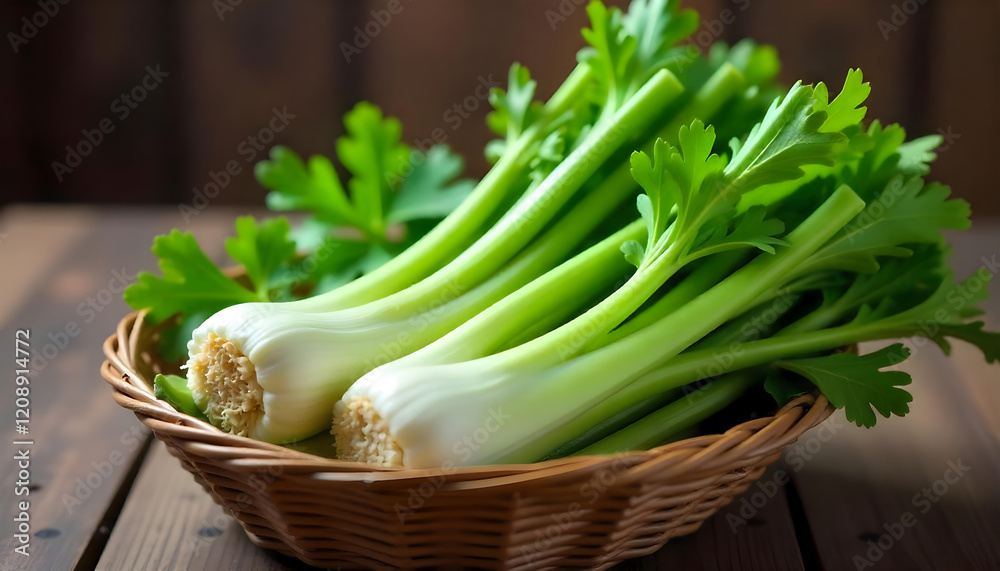 Fresh Celery Stalks in Basket Organic Vegetable Produce Fresh Celery Stalks in Basket Organic Vegetable Produce