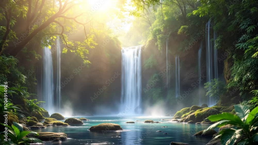 Serene Waterfall in Lush Rainforest Peaceful Nature Scene