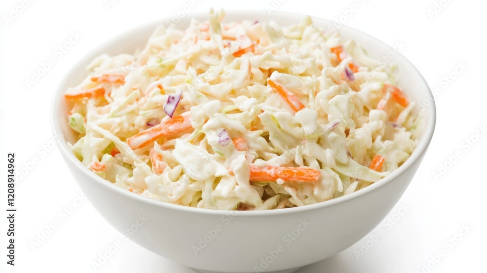 A bowl of creamy coleslaw with shredded cabbage, carrots, onions A bowl of creamy coleslaw with shredded cabbage, carrots, onions