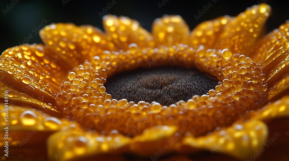 Dew-covered sunflower close-up. Dew-covered sunflower close-up.