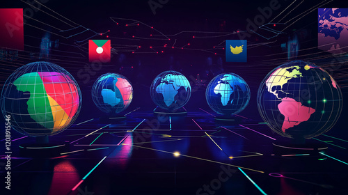 Hyperrealistic Virtual Networking Event Image Featuring Diverse Professionals Connecting with Digital Globes, Flags, and Data Streams