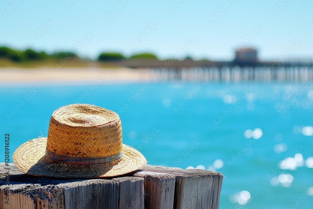 Straw hat resting on weathered wooden post by the tranquil blue sea with a blurred pier in the background under a clear sunny sky Straw hat resting on weathered wooden post by the tranquil blue sea with a blurred pier in the background under a clear sunny sky