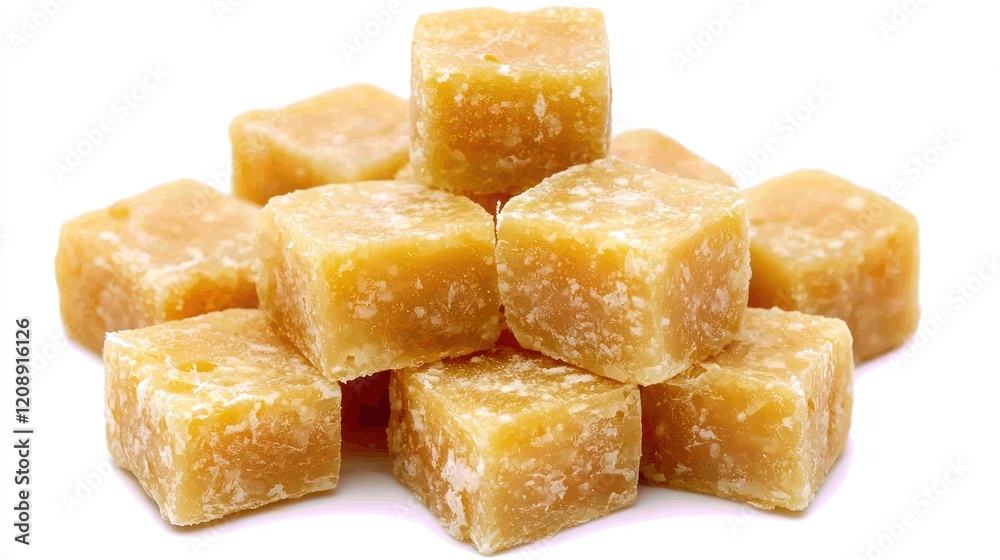 A pile of golden, cube-shaped confectionery, likely a sweet treat or dessert. A pile of golden, cube-shaped confectionery, likely a sweet treat or dessert.