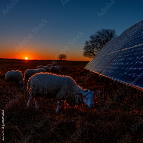 Sheep Grazing at Sunset near Solar Panels  Renewable Energy  Farmland  Sustainable Agricul photo