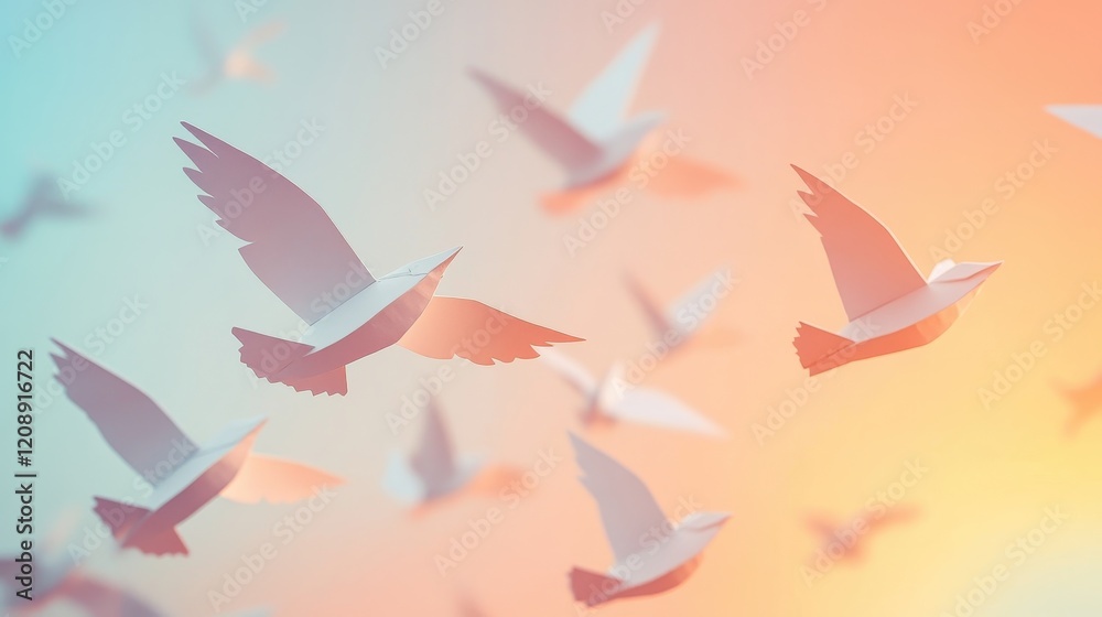 Fototapeta premium Whimsical Scene of Multiple Soaring White Paper Birds in Sunset Glow