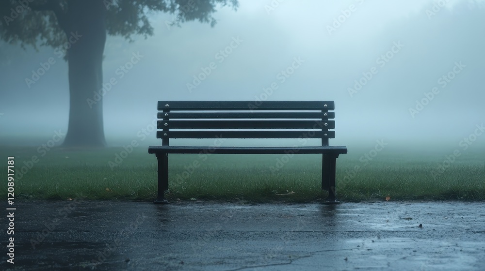 Empty Park Bench in a Quiet Setting Under Light Rain and Mist Empty Park Bench in a Quiet Setting Under Light Rain and Mist