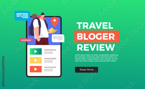 travel blogger giving video review on online mobile app  Vector illustration for marketing influencer technology news concept