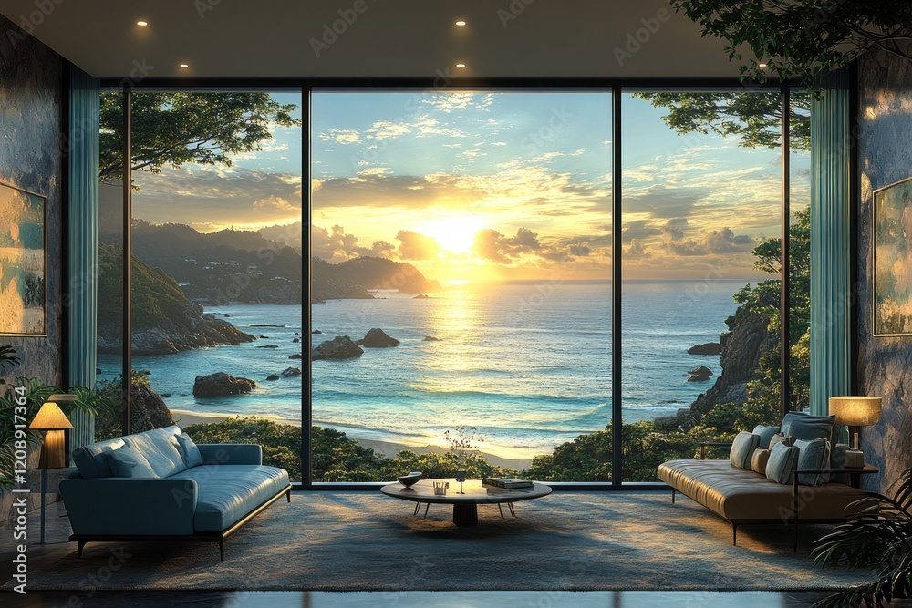 Fototapeta premium Ocean view from modern living room during sunset