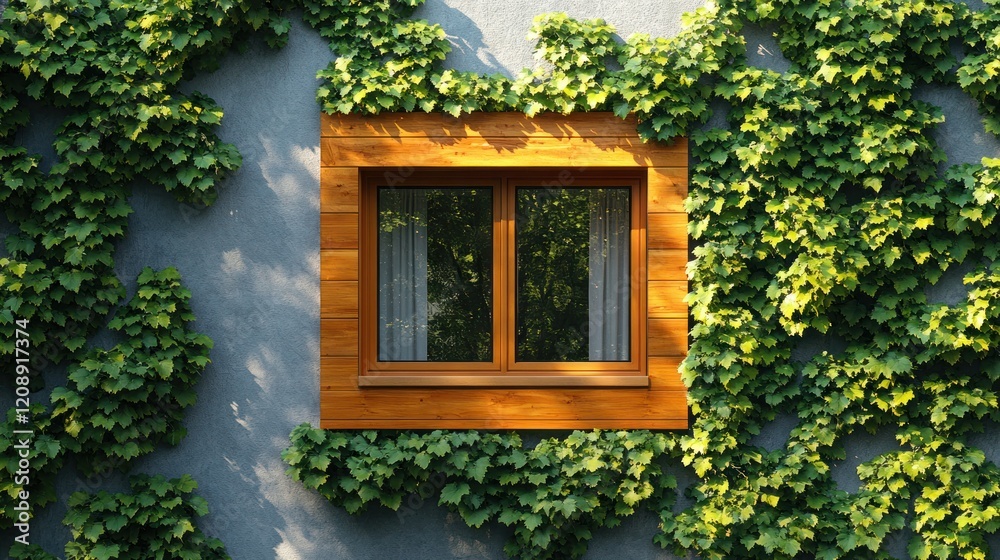 Wooden window framed by ivy on blue textured wall Wooden window framed by ivy on blue textured wall