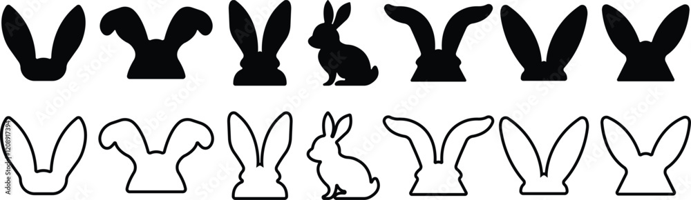Fototapeta premium Bunny ears icon flat line set Rabbit ears silhouette, Easter hare vector for apps or web. Cute headband for Easter, rabbit costume mask, festive decoration for head isolated on transparent background