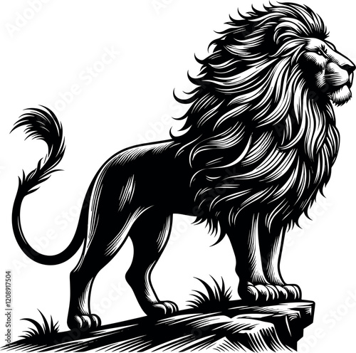 Lion Standing Proudly on Rocky Ledge Vector Black Silhouette Cricut Design photo