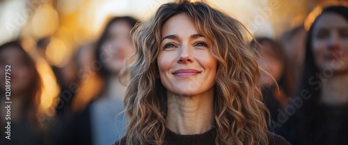 Happy woman with curly hair smiling among crowd.