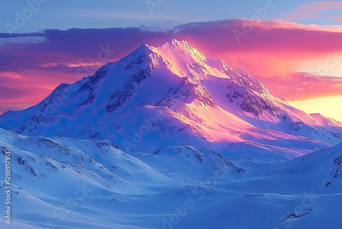 Majestic snow capped mountain at sunset displaying vibrant colors photo