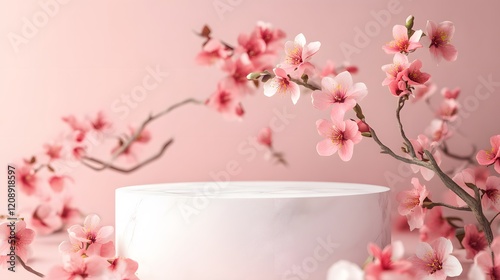 Smooth white podium with no adornments, standing against a soft pink background, ideal for Mother is Day product presentation photo