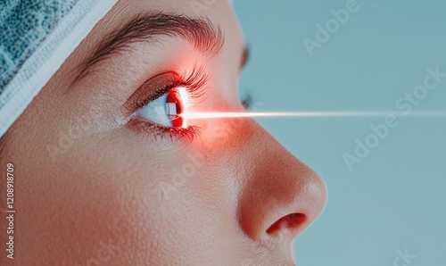 Close-up of a patient undergoing laser eye treatment in a clinical setting.